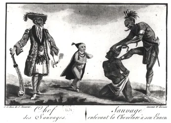 Le chef des sauvages habillé en Européen, un enfant et un sauvage scalpant son ennemi, de 
